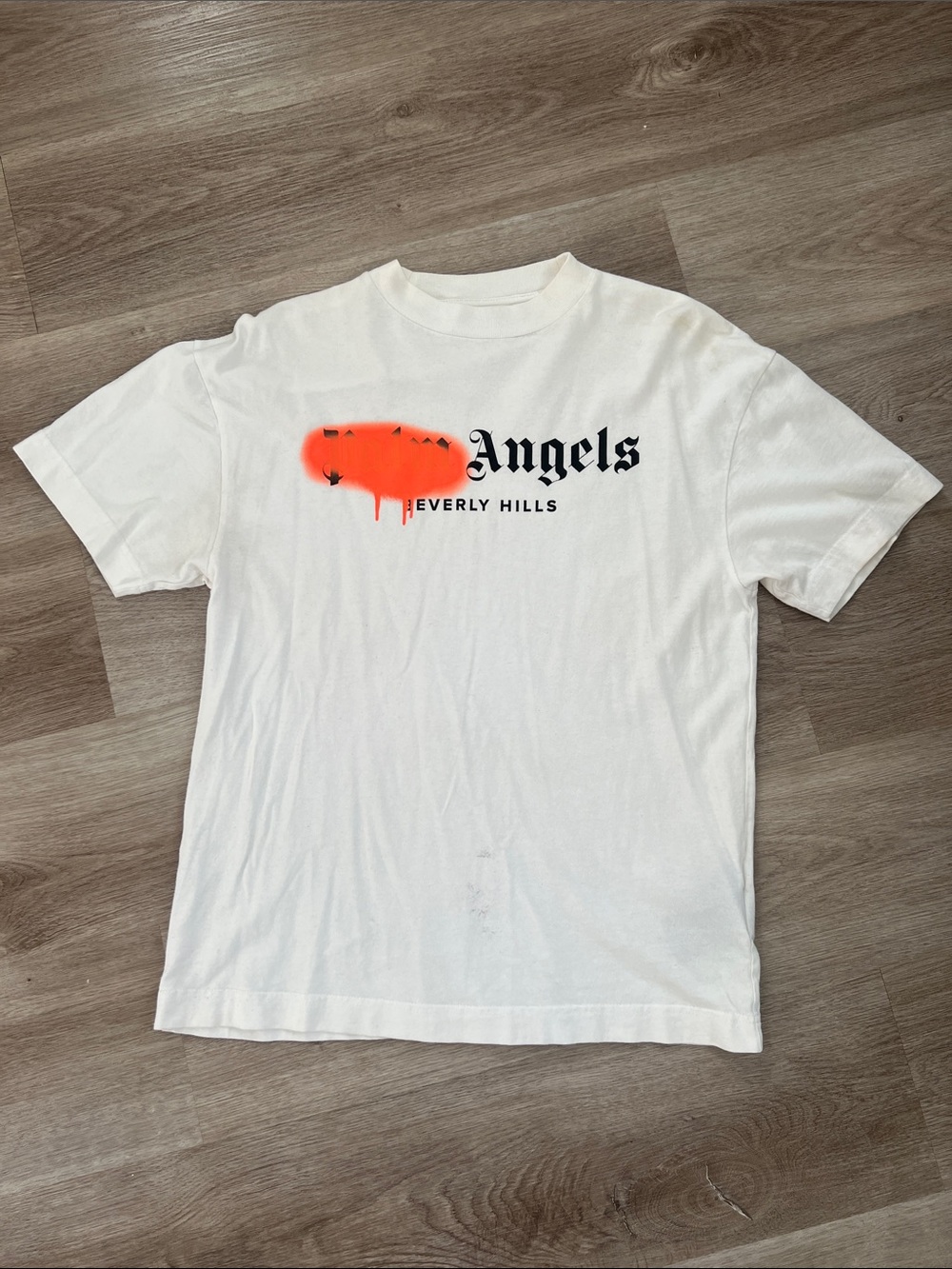Palm Angels White Tee with Neon Orange Spray Graphic